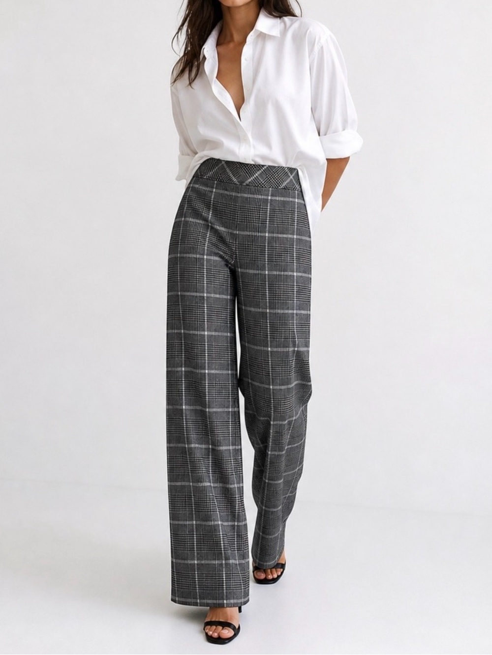 SPANX Jaquard Plaid High-Rise Wide-Leg Trousers sz Large